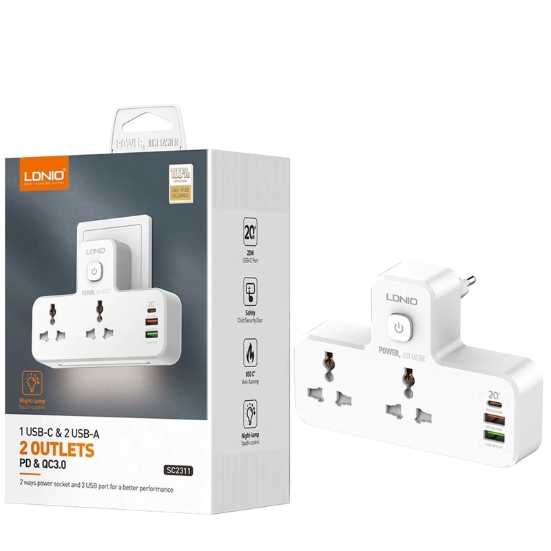 چندراهی برق الدینیو مدل SC2311 | پریز برق و ۳ پورت USB با شارژ سریع