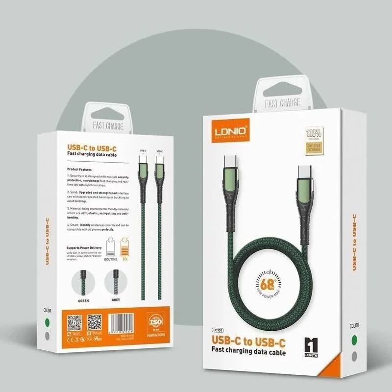 کابل USB-C الدینیو مدل LC101 | شارژ سریع ۶۵ وات و انتقال داده با کیفیت