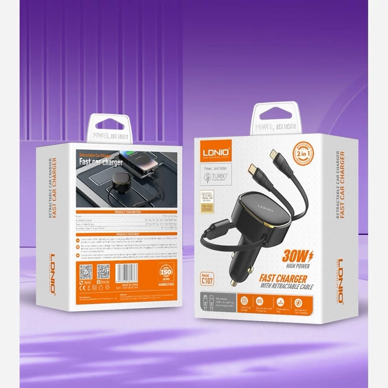 شارژر فندکی الدینیو مدل C107 با کابل | شارژ سریع و ایمن در خودرو