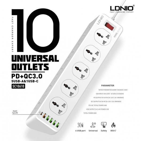 چندراهی برق ۶ پریز با شارژ سریع USB
