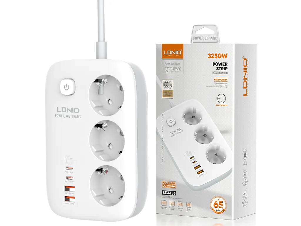 چندراهی برق و شارژر LDNIO SE3436 GaN با ۳ پریز و ۴ پورت USB
