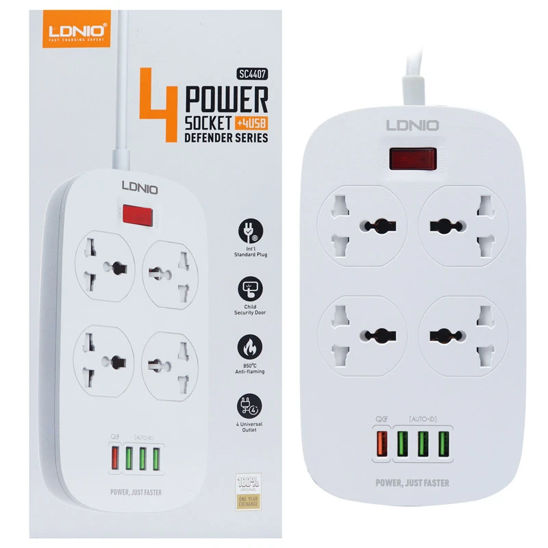 چند راهی برق و شارژر LDNIO مدل SC4407 سری Defender با ۴ پریز و پورت USB