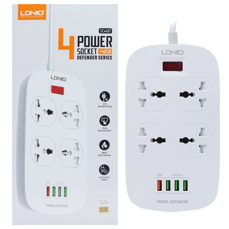 چند راهی برق و شارژر LDNIO مدل SC4407 سری Defender با ۴ پریز و پورت USB