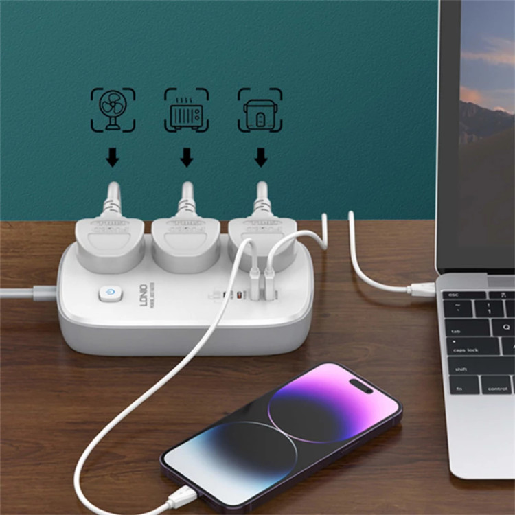 چندراهی برق و شارژر LDNIO SC3416 GaN با ۳ پریز برق و ۴ پورت USB