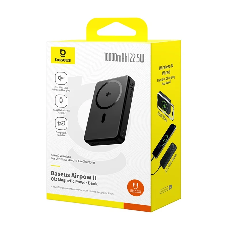 پاوربانک بیسوس Baseus Airpow2 مغناطیسی وایرلس شارژ 10000 میلیآمپر 22.5 وات مدل Qi2 رنگ سفید و مشکی
