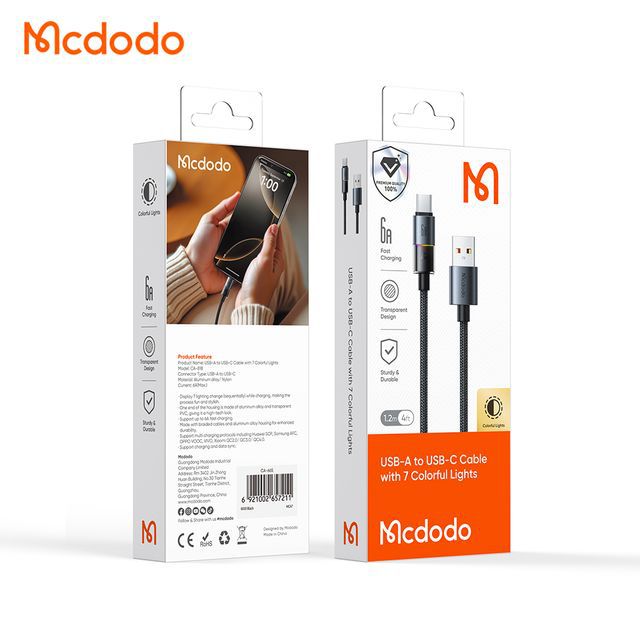 کابل شارژ Type-C مکدودو Mcdodo CA-8180 طول ۱.۲ متر | فست شارژ با چراغ رنگی