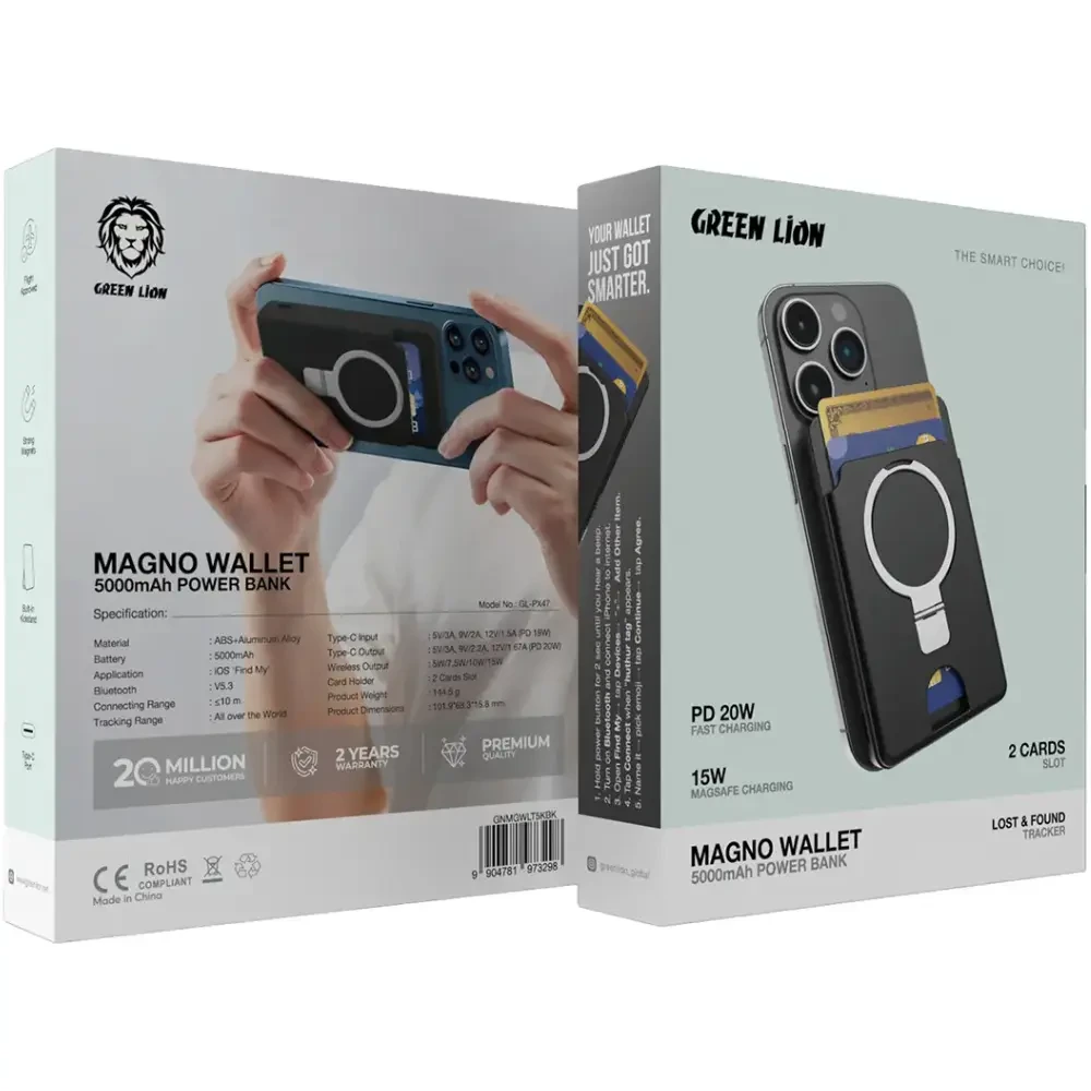 پاوربانک مگسیف و کیف کارتی ۵۰۰۰ میلیآمپرساعتی گرینلاین مدل Magno Wallet